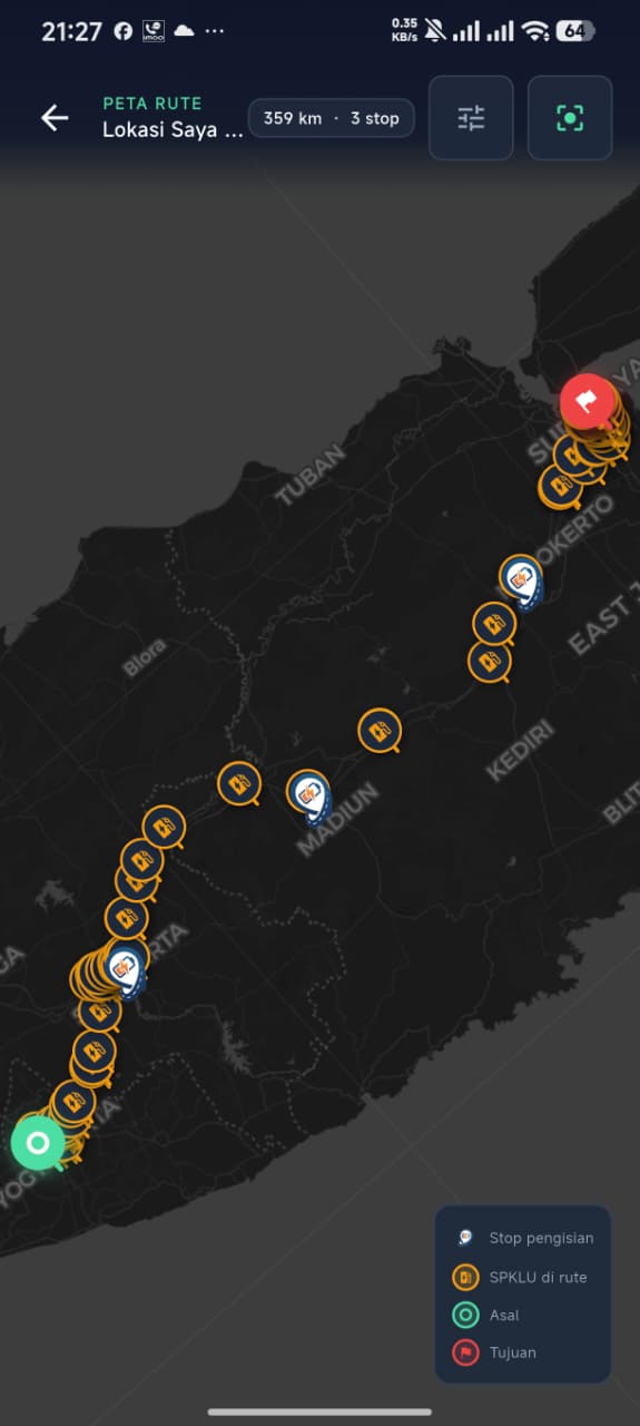Peta Rute - 359km dengan 3 charging stop